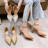 ZOKI Bling Gold Silver Women's Pumps 2024 Sexy Point Toe Thin Heel Party Wedding Shoes Woman Summer Ankle Strap High Heels Shoes