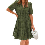 Casual Short Sleeve V-neck Midi Dress Women's Hollow Out Eyelet Dress Summer Beach Tiered Flowy A-line Sundress