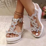 Rhinestone Butterfly Decor Chunky Platform Sandals Women Fashion Slip On Wedges Sandles Woman Lightweight Elastic Band Sandals