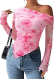 Women's Off-Shoulder Ruffled Sleeve Long-Sleeve Top with Asymmetrical Tie-Dye Mesh Asymmetrical Pleated Floral Print T-Shirt