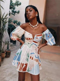 Women Vintage Print Patchwork Mini Dress Summer Sexy Fashion Elegant Short Sleeve Bodycon Off Shoulder Backless Party Dresses