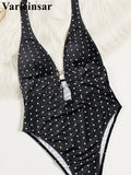 Polka Dots Halter Deep V Neck One Piece Swimsuit Women Swimwear Female Backless Monokini Padded Bather Bathing Suit Swim V7729