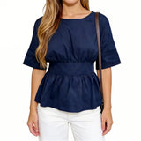 2026 Summer Women's Peplum Tops Casual Elegant Stylish Bow Backless Loose Shirts Crew Neck Elbow Sleeve Blouse