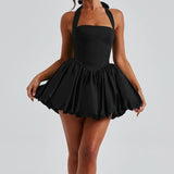 Women Bubble Halter Mini Dress Elegant Summer Sleeveless Tie up Backless Corset Evening Party Club Short Dress Y2K Streetwear