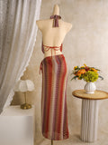 Sexy Coffee Striped Bikini Set 2026 Women Cover Up+Long Skirt 4 Piece Swimsuit Summer Bathing Suit Holiday Swimwear Biquini