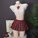Toucheart Sexy Lingerie Suit for Women Lace Mesh See-through Lace Up Top Plaid Pleated Skirt Halter Women's Underwear Set New