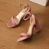 Beige Suede Ankle Strap Block Heel Sandals for Women, Round Open Toe with Rhinestone Accent, Multiple Colors Available