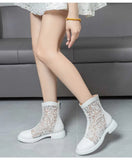 Women White Gladiator Ankle Boots Round Toe Square Heel  Breathable Mesh Large Size 34-45 Sweet Princess Cool Sandals Boots New