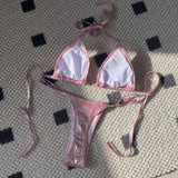 DEKA Sexy Brazilian Shiny Pearl Micro Bikini Faux Leather Swimwear Women Thong Swimsuit Halter Triangle Bikini Set Bathing Suit