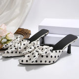 Elegant Polka Dot Bowknot High Heels Sandals Women Fashion Pointed Toe Thin Heel Mules Shoes Woman Plus Size Dress Party Shoes
