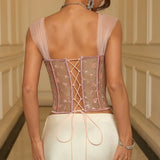 Sexy PInk Sparkling Flower Lace Corset Women's Slim Fishbone Off Shoulder Bodycon Lace-up Backless Tank Tops Front Bow Camisole