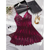 Summer Sleeping Skirt Sexy Lingerie Women See Through Sleepwear Thin Halter Nightdress And Thong Set Female Sexy Lace Nightgowns