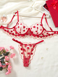 Valentine's Day exclusive red heart embroidery lingerie set-Sexy see-through mesh gathered bra thong set for two pieces ZA825203