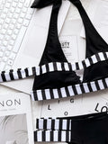 New Sexy Bikini Women Swimwear Swimsuit Striped Patchwork Hollow Halter Knotted High Waist Bikinis Set Bathing Suit Beach Bikini