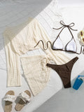 DEKA Women Solid 4 Piece Lace Up Bikinis Set Swimsuit Long Sleeve Cover Up with Skirt Swimwear New Push Up Bathing Suit Bikini