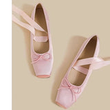 Balletcore Style Satin Lace-Up Flats for Women Black Ballerina Bow Detail Square Toe Ankle Wrap Ribbon Ballet Coquette Shoes