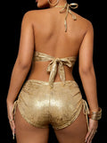 Sexy Hot Stamping Gold Swimwear Women 2026 Collar Split Top Drawstring Side High Waist Bikini Set Summer Bathing Suit Swimsuit