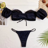 2026 Sexy Bikini Bandeau Women Swimwear Swimsuit Black Short Sleeves White Ruffled Knotted Bikinis Set Bathing Suit Beach Bikini