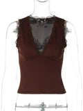 FDYOUI Deep V-neck Sleeveless Tank Tops Y2K Woman Clothes 2026 Summer Lace Patchwork T-shirt Girls Slim Corset Top Streetwear