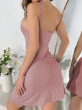 Women's  Mini Sleep Dress Sexy Ribbed Lace Trim Nightgown Bodycon Strap Sleepwear Button Front Lingerie