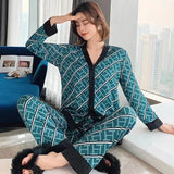 Spring and Summer New Ice Silk Pajamas Homewear Set Girls Long-Sleeved V-Neck Cardigan Simulation Silk Lapel Pajamas Homewear Se