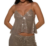 Sexy Sequined Camis Tops Women Sequin Spaghetti Strap Tops Sparkly V Neck Sleeveless Backless Ruffle Crop Tops Trendy Streetwear
