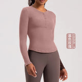 Women's fitness yoga suit, tight fitting long sleeved Henley shirt, running fitness base top