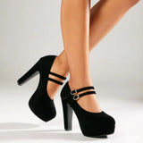Sexy Black Faux Suede Double Buckle Straps Platform Mary Jane Pumps High Heels Wedding Club Daily Dress Shoes Women Plus Size 48