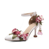 Small Big Size 32-46 Women's Elegant Pink Flowers High Heels Sandals Summer Sexy Pointy Toe Party White Wedding Sandals Shoes