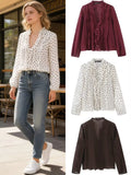 2026 Spring New Women Elegant Loose V Neck Wave Trim Polka Dot Blouse Thin Long Sleeve Top
