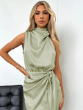 Foridol One Shoulder Turtleneck Tank Satin Women Party Dress Robe Zip Sleeveless Elegant Vintage Folds Women Clothing 2025