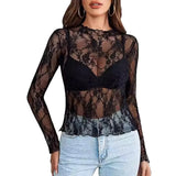 Women Mesh Bottoming Shirt See through O Neck Long Sleeve Lady Blouse Slim Fit Sexy Clear Sun Gauze Tops