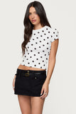 Women's summer fashion retro polka dot short-sleeved printed slim round neck top