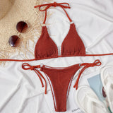 5 Colors Sexy Bikini Women Swimwear Swimsuit Solid Halter Pleated Triangle Knotted Beach Bikinis Set Bathing Suit Rings Decor