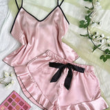 Summer Pajamas Set Women's Smooth Satin V-Neck Ruffled Edges Tops and Bow Shorts Pajama Sling Home Clothing