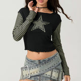 Early Autumn Punk Style Slim Fit T-shirt Women Long Sleeve Crew Neck Star Stripes Patchwork Ladies Tops for Casual Daily