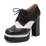 Bright Patent Leather Patchwork White PU Lace Up High Heels with Breathable Lining, Wavy and Serrated Patterns, Sweet Pumps