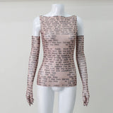 AHAgaga Sexy Tee T-shirt Women 2025 Summer Casual Letter Print Skinny See Through With Gloves Cropped Shirts Women Female Blusas