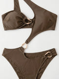 Sexy One Shoulder Swimwear Women Coffee Metal Buckle Hollow Out Backless Thong Bikini Summer Bathing Suit One Piece Swimsuit