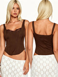Women's Summer Solid Color Slim Tank Tops Lace Trim Scoop Neck Curved Hemline Corset Vest Streetwear