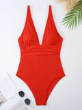 2026 V Neck Swimsuit One Piece Solid Vintage Swimwear Women One-piece Bathing Suit Female Padded Beach Wear Swimming Beachwear