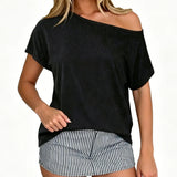 Women Off Shoulder T-shirt Loose Fit Short Sleeve Boat Neck Going Out Tops Casual Summer Shirts Streetwear