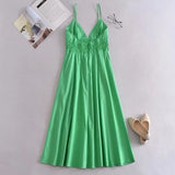 Foridol Elastic Smocking Green Cotton V Neck Summer Women's Dress Sleevless Long Green Maxi Casual Strapy Dress Solid Female