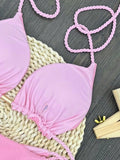 Sexy solid color special fabric swimsuit women's split bikini set woven rope hanging neck beach swimwear