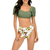 2026 Sexy Bikini Women Push Up Swimwear Swimsuit Leaf Sunflower Print High Waist Bowknot Bubble Sleeves Bikinis Set Bathing Suit