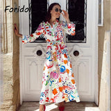 Foridol Casual Button Up Shirt Dress Maxi Long Women Dress Robe Floral Print Green Boho Autumn Winter Sash Laides Dress 2025