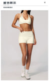 Breathable Striped Patchwork Yoga Clothing Women Fake Two-piece Sports Bra Folding High Waist Shorts Gym Running Fitness Suit