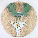 2026 Sexy Bikini Women Push Up Swimwear Swimsuit Leaf Sunflower Print High Waist Bowknot Bubble Sleeves Bikinis Set Bathing Suit