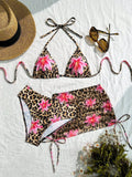 Sexy 3 Pieces Suit Swimwear Women Leopard Print Micro Bikini Set+Gauze Skirt Cover Up Beachwear Backless Lace-up Bathing Suits