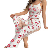 2 Pcs/Set Women Vest Pants Suit Homewear Sleepwear Outfit Bow Heart Print Sleeveless Shirring Edge Top Mesh Patchwork Trousers
